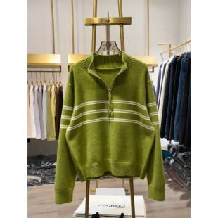 【晓艾档口实拍】韩系半高领拉链细条纹针织衫女秋冬新款舒适上衣