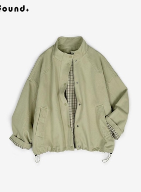 满奕小众春秋新款 格子拼接翻袖立领工装外套女宽松抹茶绿色夹克