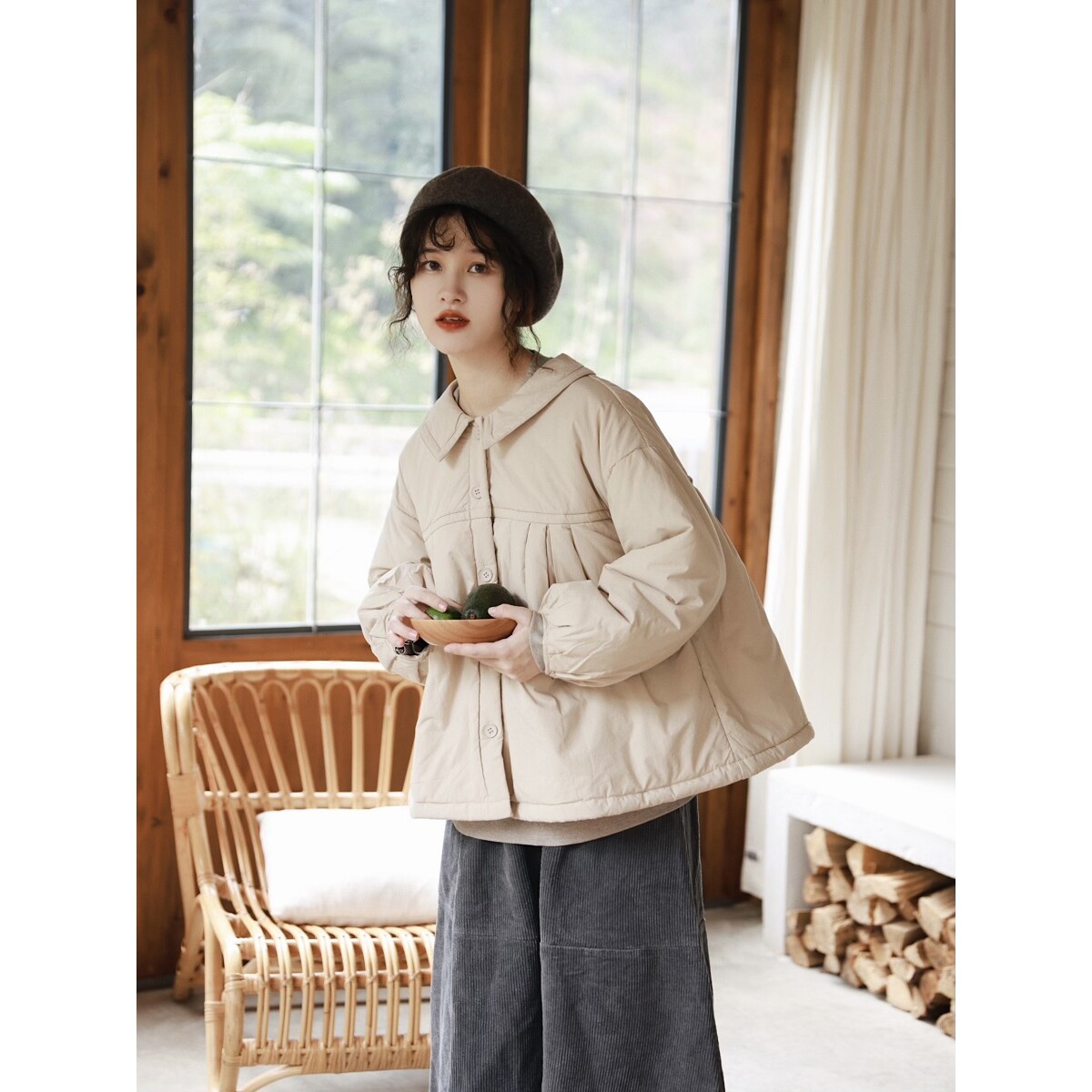 日系女装文艺复古加厚外套女秋冬宽松夹棉森系甜美娃娃领可爱棉服
