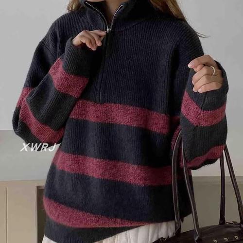 秋冬新款女韩版宽松时尚半拉链条纹羊毛衫百搭休闲保暖毛衣外套