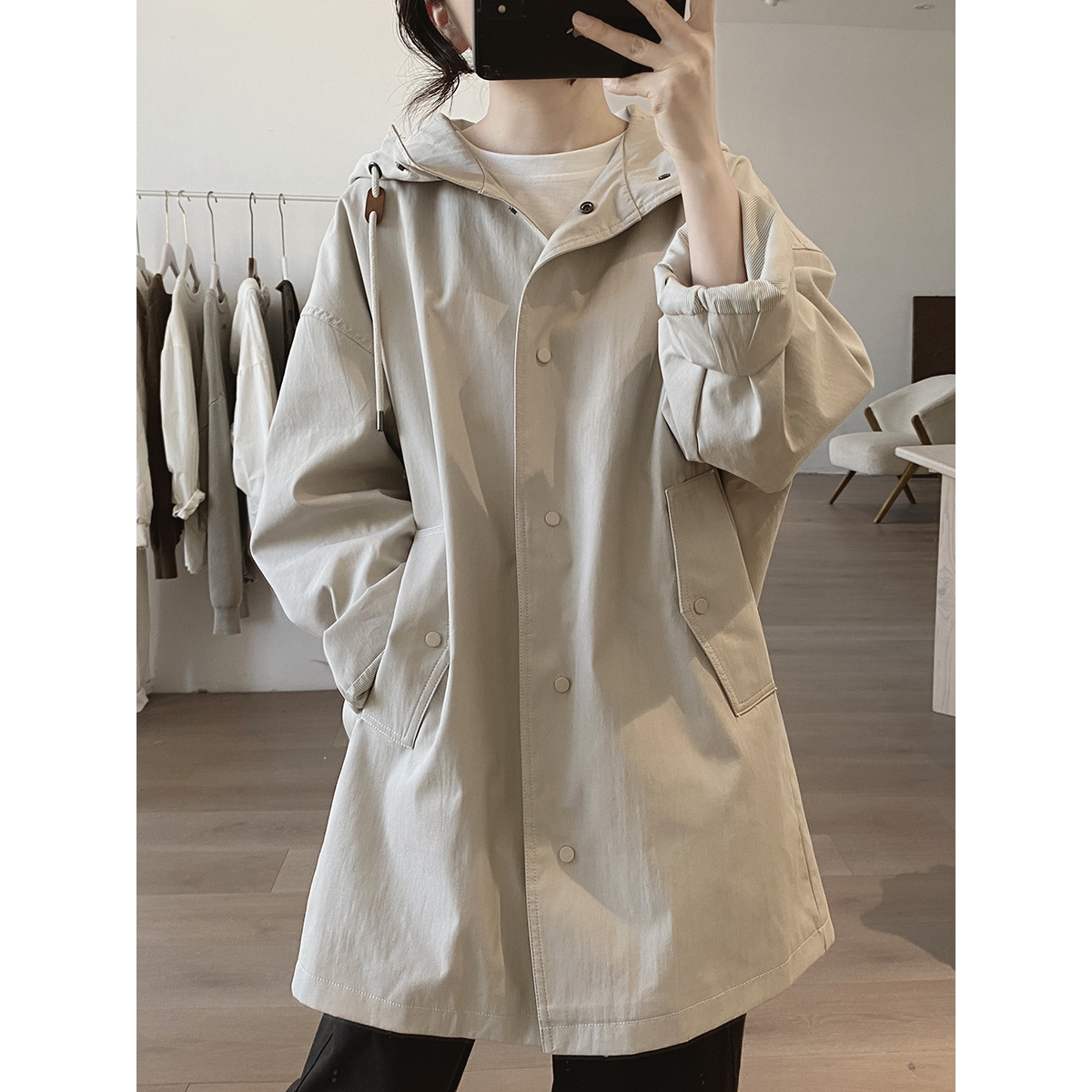 棉质工装外套女式春秋季新款宽松大码显瘦中长款韩版连帽减龄风衣