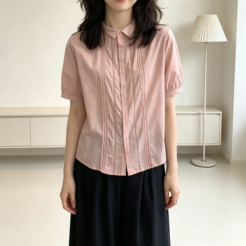 6.20BHUAI新品 衬衫显瘦通勤气质镂空翻领排扣衬衣夏季薄款上衣