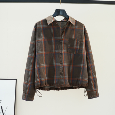 咖啡色格子衬衫女短款宽松棉衬衣2025春夏小个子文艺百搭休闲上衣