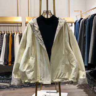 【晓艾档口实拍】时尚下摆抽绳内格子连帽外套女秋冬新款休闲上衣