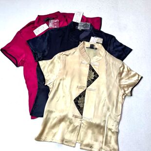 特价清库100%桑蚕丝真丝素绉缎中式手工盘扣女短袖衬衫