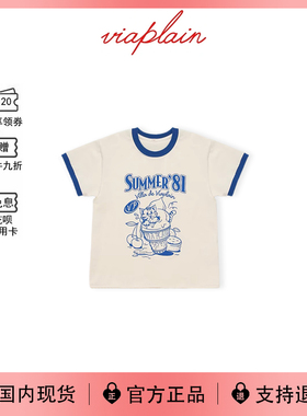 【现货】韩国viaplain新款夏天穿搭复古拼色字母印花圆领短袖T恤