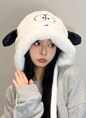 可爱小狗毛绒帽子女冬季骑车保暖女生护耳帽白色毛茸茸雷锋帽网红