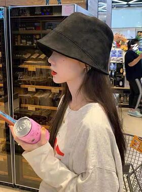 网红ins时尚休闲水桶帽男女渔夫帽子素颜神器春秋麂皮绒盆帽子潮