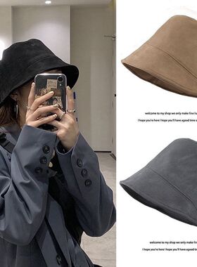 日系黑色水桶渔夫帽女韩版百搭秋冬麂皮绒显脸小盆帽男潮防风护耳