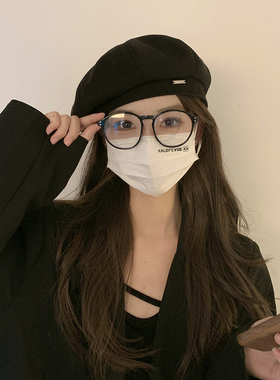 ins网红复古黑色贝雷帽女秋冬无檐八角帽显脸小报童帽韩版画家帽