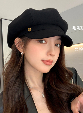 英伦复古毛呢黑色八角帽女款秋冬天显脸小宽檐画家云朵报童帽女式