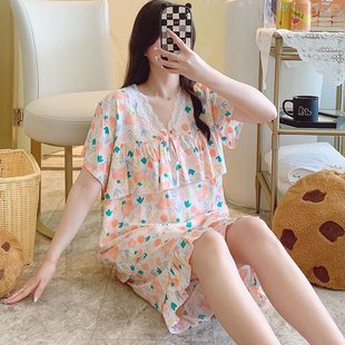 家居服可外穿 棉绸睡衣女夏天短袖 短裤 甜美套头少女生夏季 绵绸薄款
