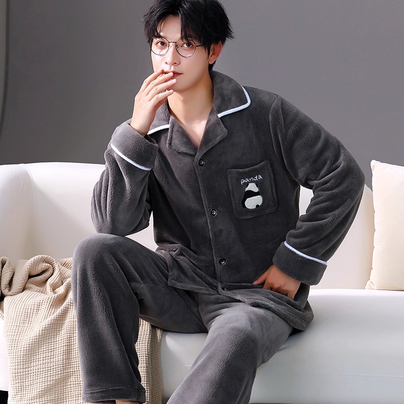 男士冬天加厚加绒法兰绒睡衣秋冬珊瑚绒男装青年长袖套装家居服