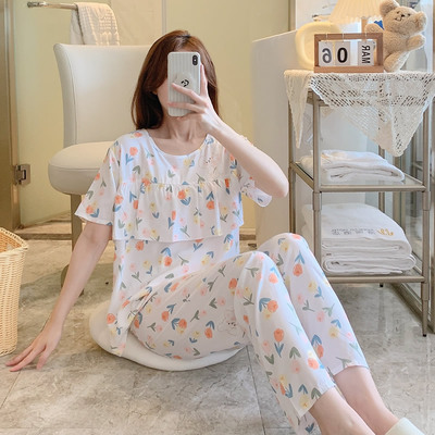 防凸棉绸套装女人夏季可外穿人造棉短袖宽松遮肚妈妈上衣裤子长裤