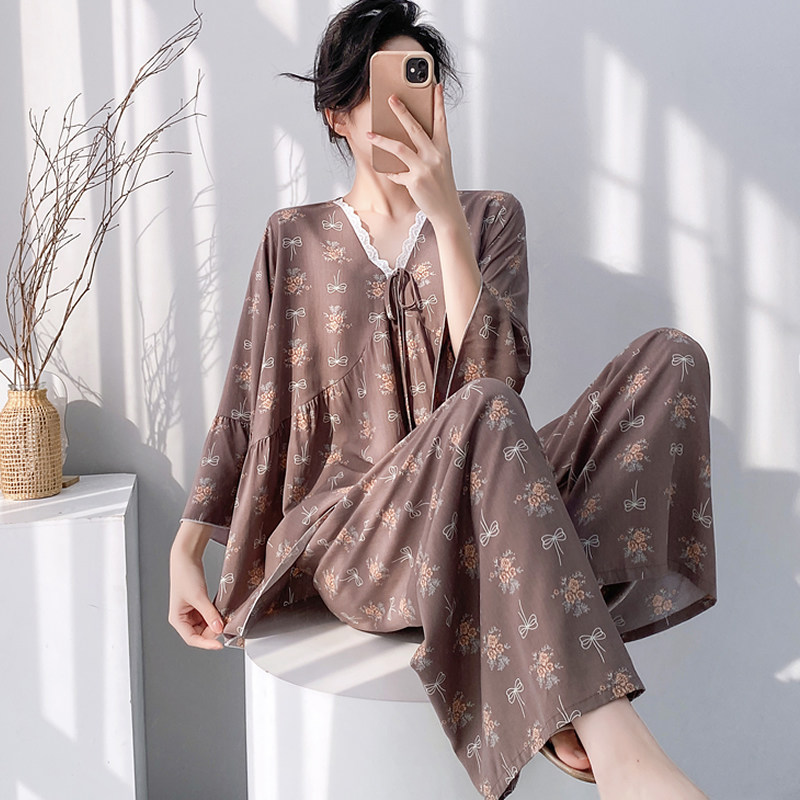 棉绸睡衣女长袖套装可外穿绵绸夏天薄款V领蕾丝甜美公主风家居服