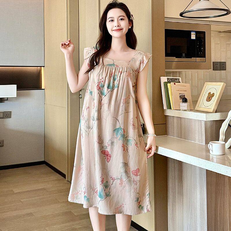 棉绸睡裙女睡衣裙子夏季绵绸无袖薄款大码中长款网红款外穿家居服