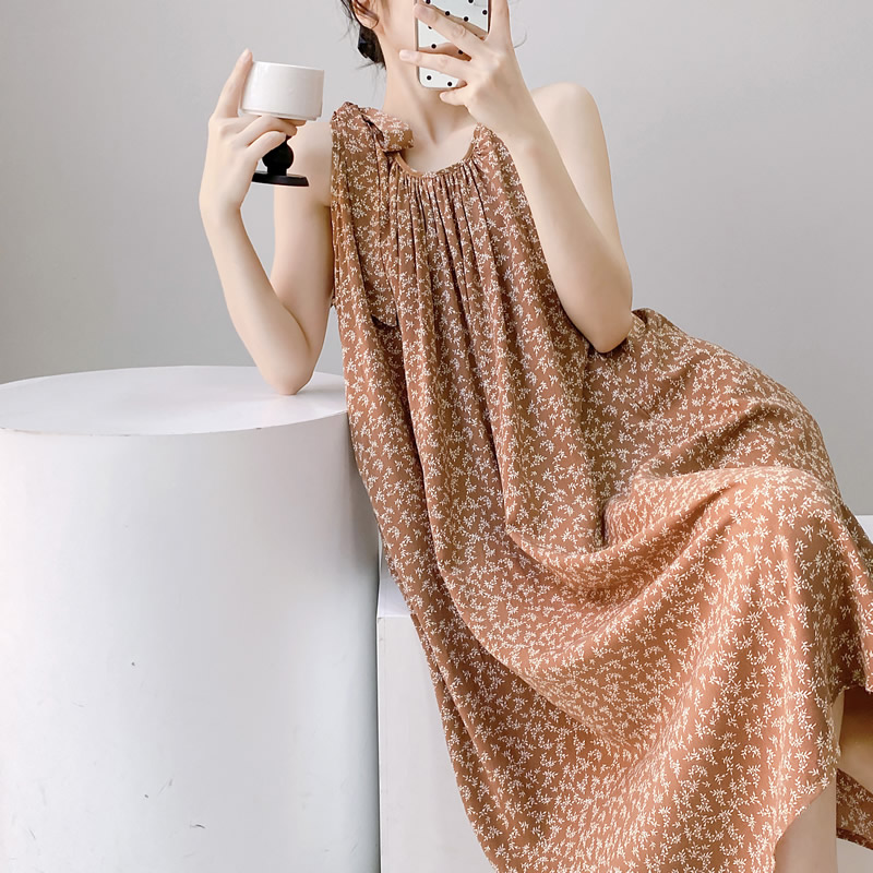 夏季薄款棉绸睡裙背心性感睡衣甜美韩版人造棉少女家居服长裙印花
