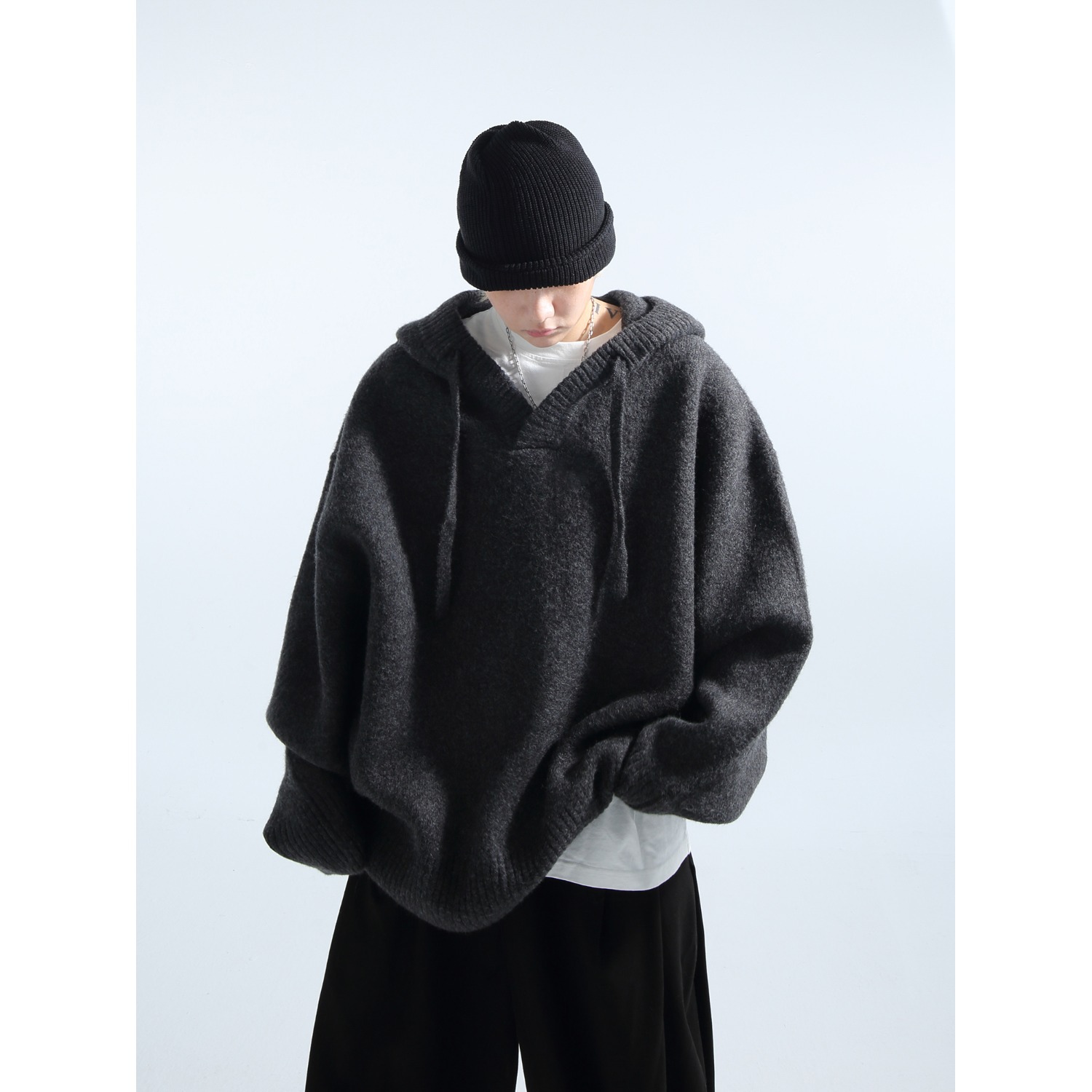 美式连帽针织衫外套男秋季潮牌花灰色情侣毛衣高街慵懒风百搭上衣