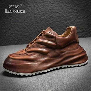 加絨厚底老爹鞋 Lovasa2025冬季 男鞋 復古頭層牛皮手工潮鞋 新款 歐美