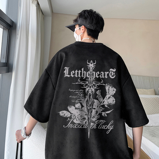 重磅oversize高街宽松潮五分半袖 t恤男士 上衣 复古麂皮绒短袖 美式