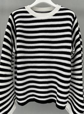 MACQNF正品2025秋新款高品质羊毛宽松慵懒风经典条纹针织MQ80381