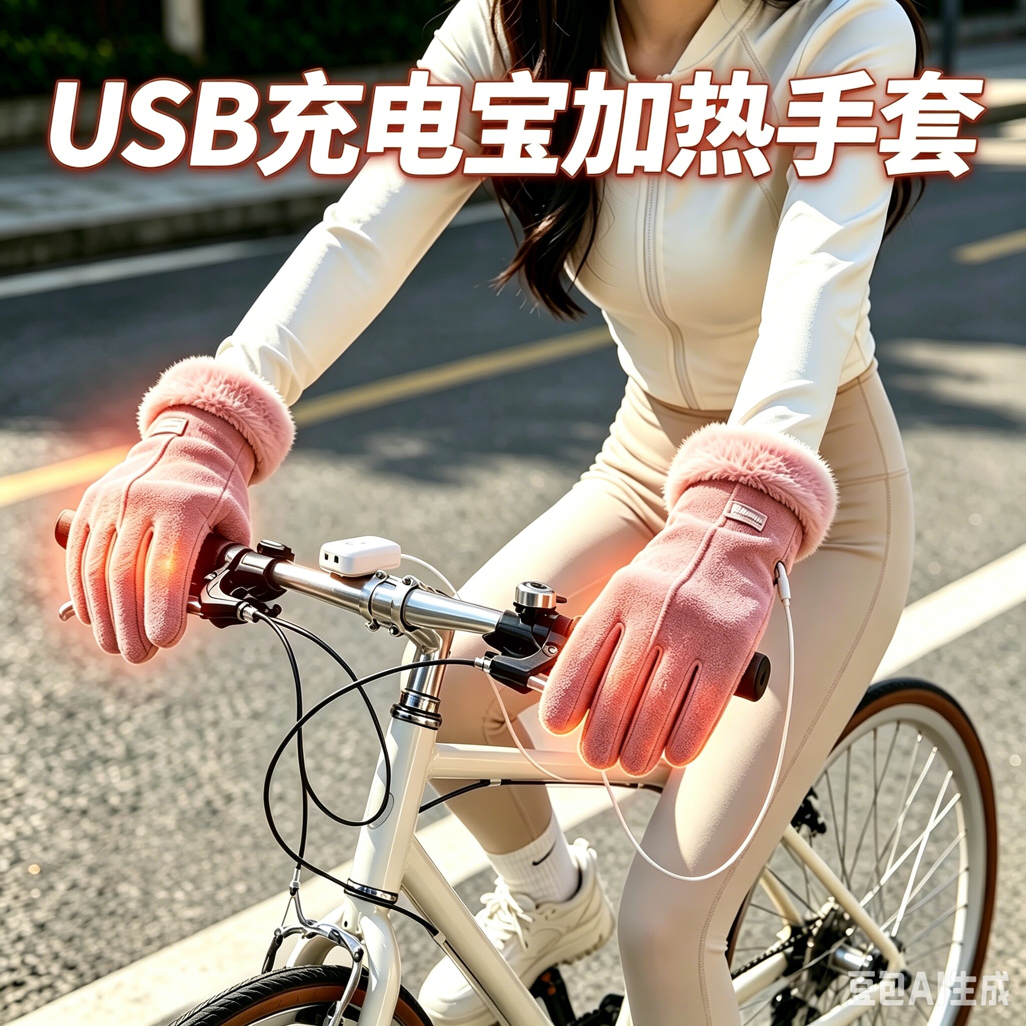 2026粉色充电宝发热手套USB加热女款冬季保暖电动车户外骑行电热