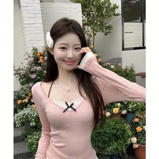 假两件打底衫 上衣纯欲甜美风蕾丝蝴蝶结挂脖长袖 体恤女韩系时尚