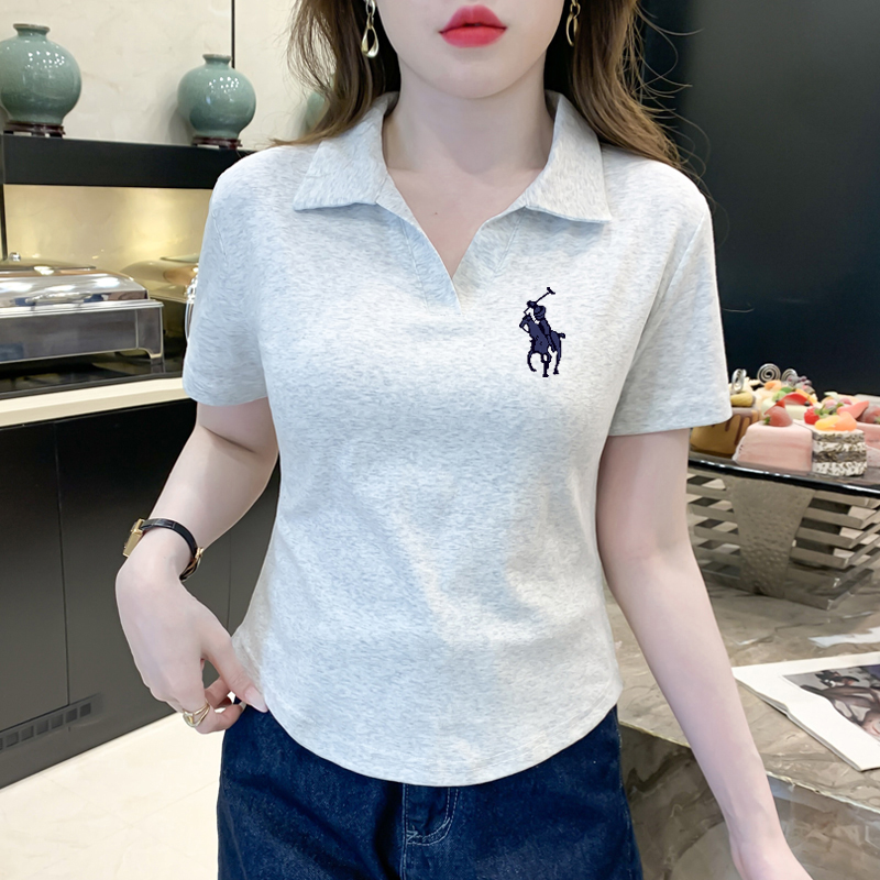 灰白色正肩翻领polo衫短袖t恤女2025新款夏季修身不规则纯棉上衣