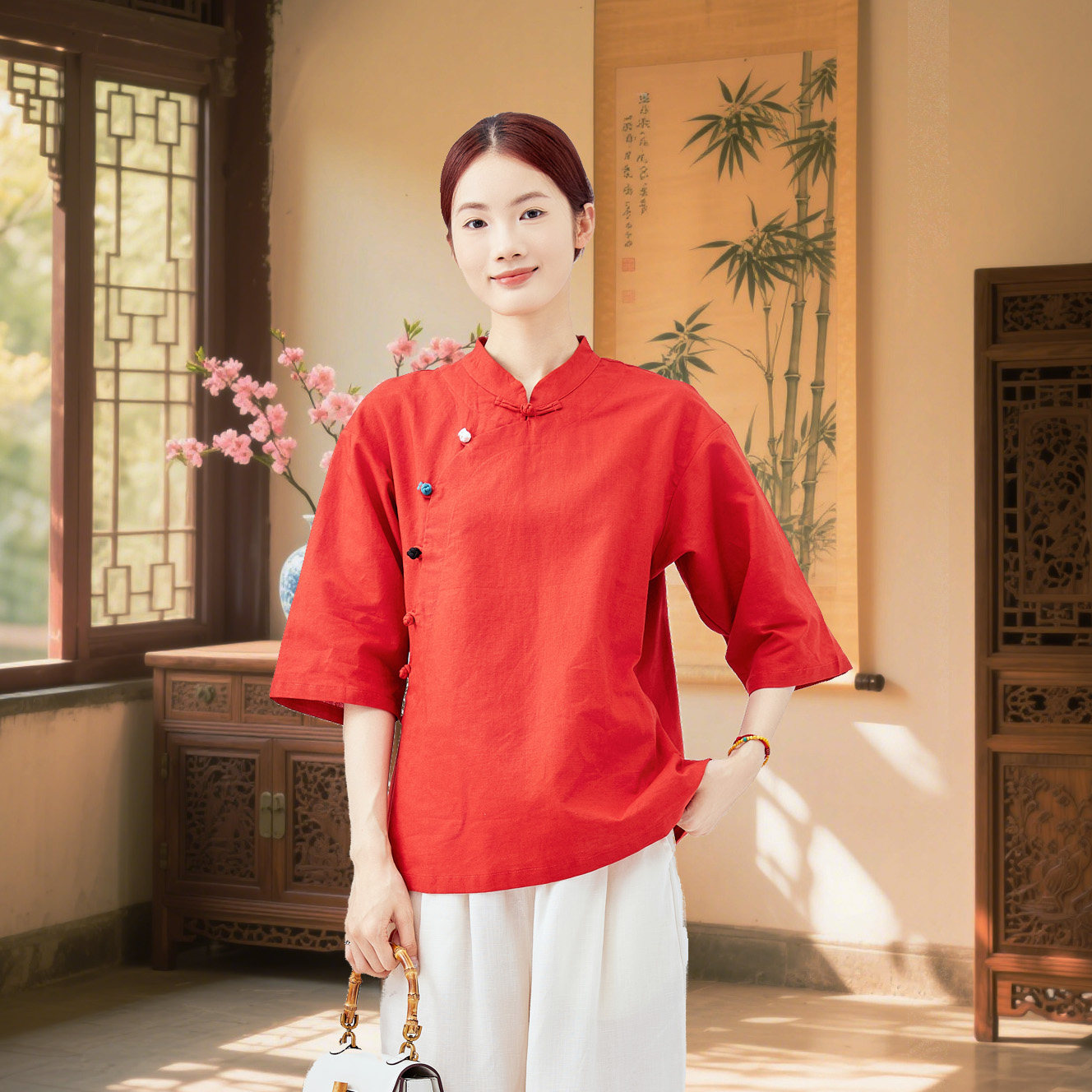素锦霞裳原创女装中式改良高端亚麻棉七分袖立领斜襟上衣禅意茶服