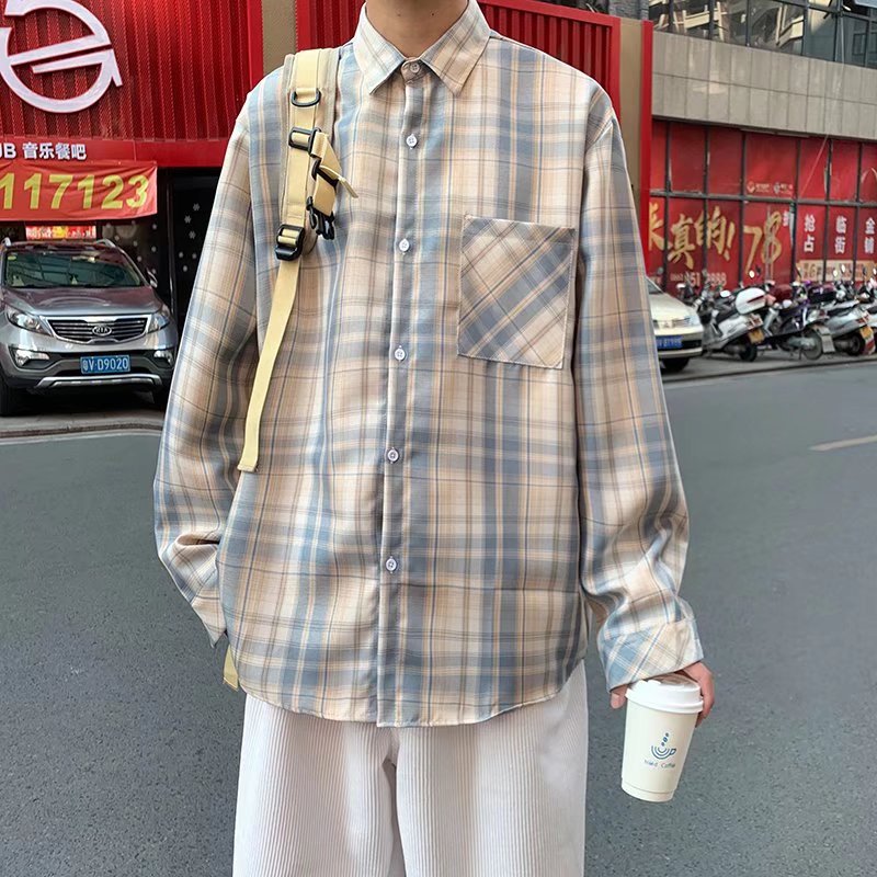 长袖格子衬衫男港风日系外套春装韩版潮流上衣ins设计感小众衬衣