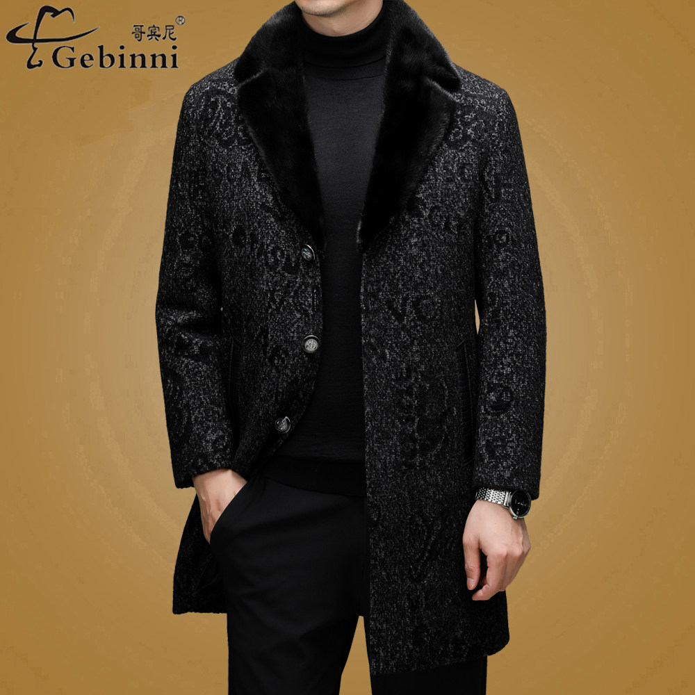 冬季高端爸爸装羊毛呢大衣男士冬季中长款真毛领鹅绒保暖休闲外套