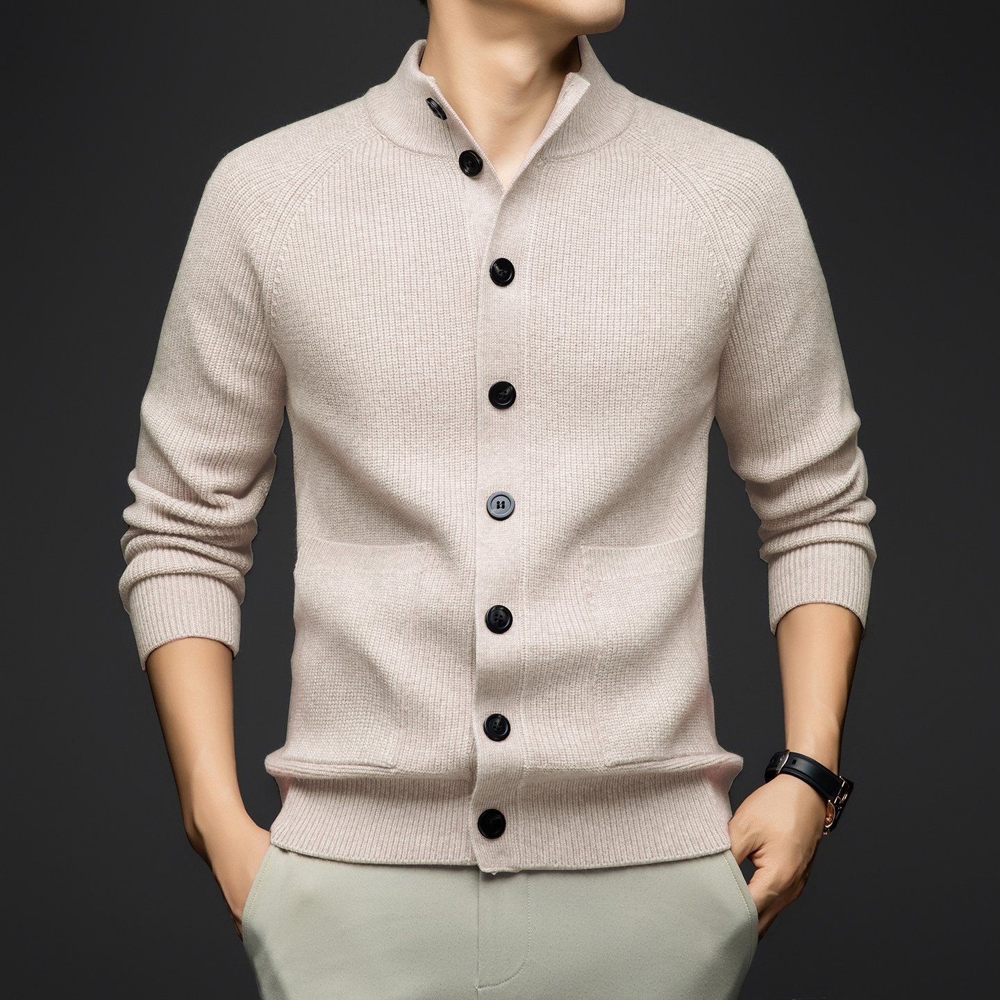 哥宾尼2025极简风立领针织开衫男秋冬羊毛衫纽扣外套韩版潮流毛衣