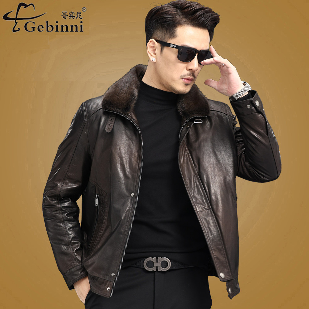 海宁山羊皮真皮短款毛领皮衣男士羽绒内胆保暖机车夹克皮革外套潮