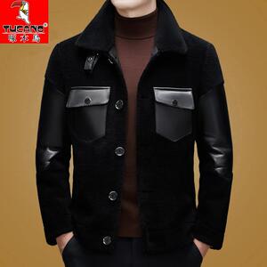 100%纯绵羊毛外套男士翻领短款真皮夹克鹅绒内胆保暖羊剪绒外套潮