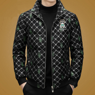 欧洲站2025冬季新款男短款羽绒服中青年时尚潮流保暖立领印花外套