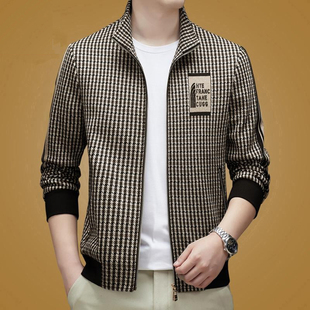 高级感爸爸装加厚夹克2025潮流短款秋冬季新款立领千鸟格外套男