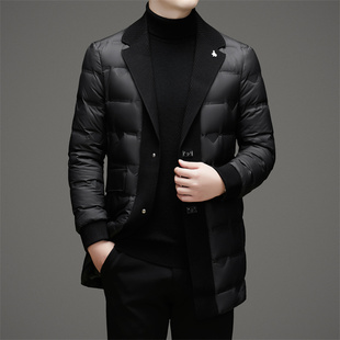 国标90白鸭绒商务绅士风中长款羽绒服西装领针织拼接轻薄保暖外套