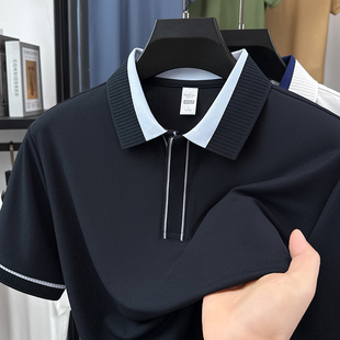 2025高级感夏季新款冰丝短袖T恤男士个性印花中青年百搭翻领上衣