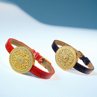 沙金八宝罗盘横穿配饰圆盘配件表带式红手绳皮绳手链可调节穿8毫