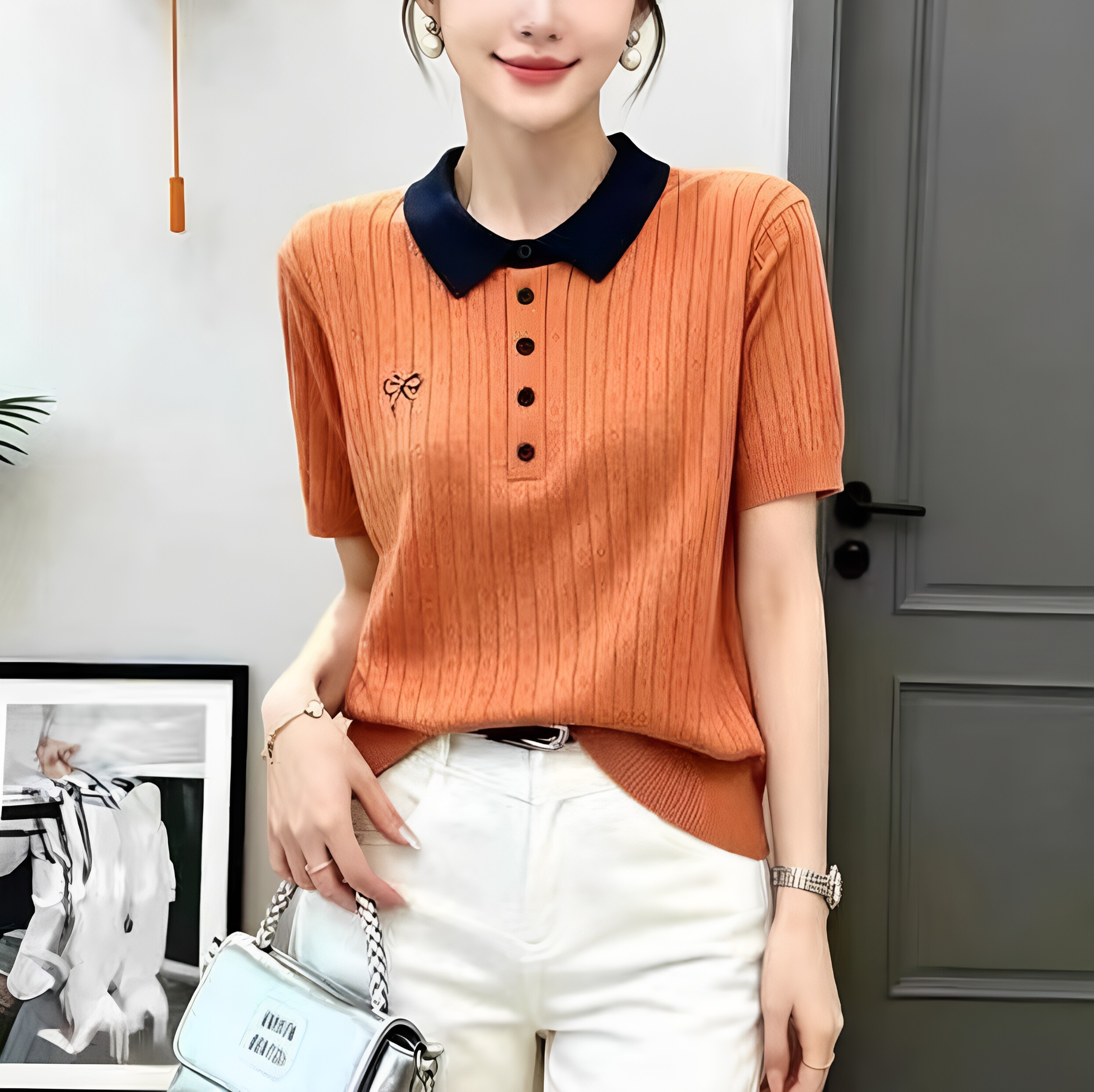 36112蝴蝶结撞色POIO领针织衫女2026夏季新款宽松莱塞尔薄款T恤