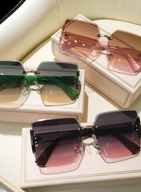 无边框墨镜女渐变色茶粉高级感