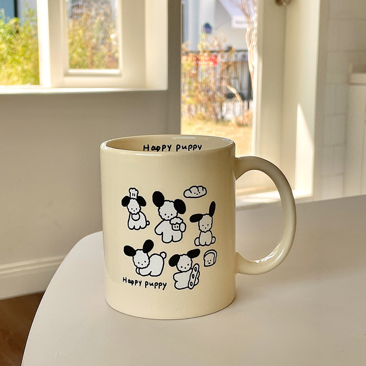 原创happy快乐小狗杯子奶黄色马克杯咖啡杯创意可爱修勾陶瓷杯ins