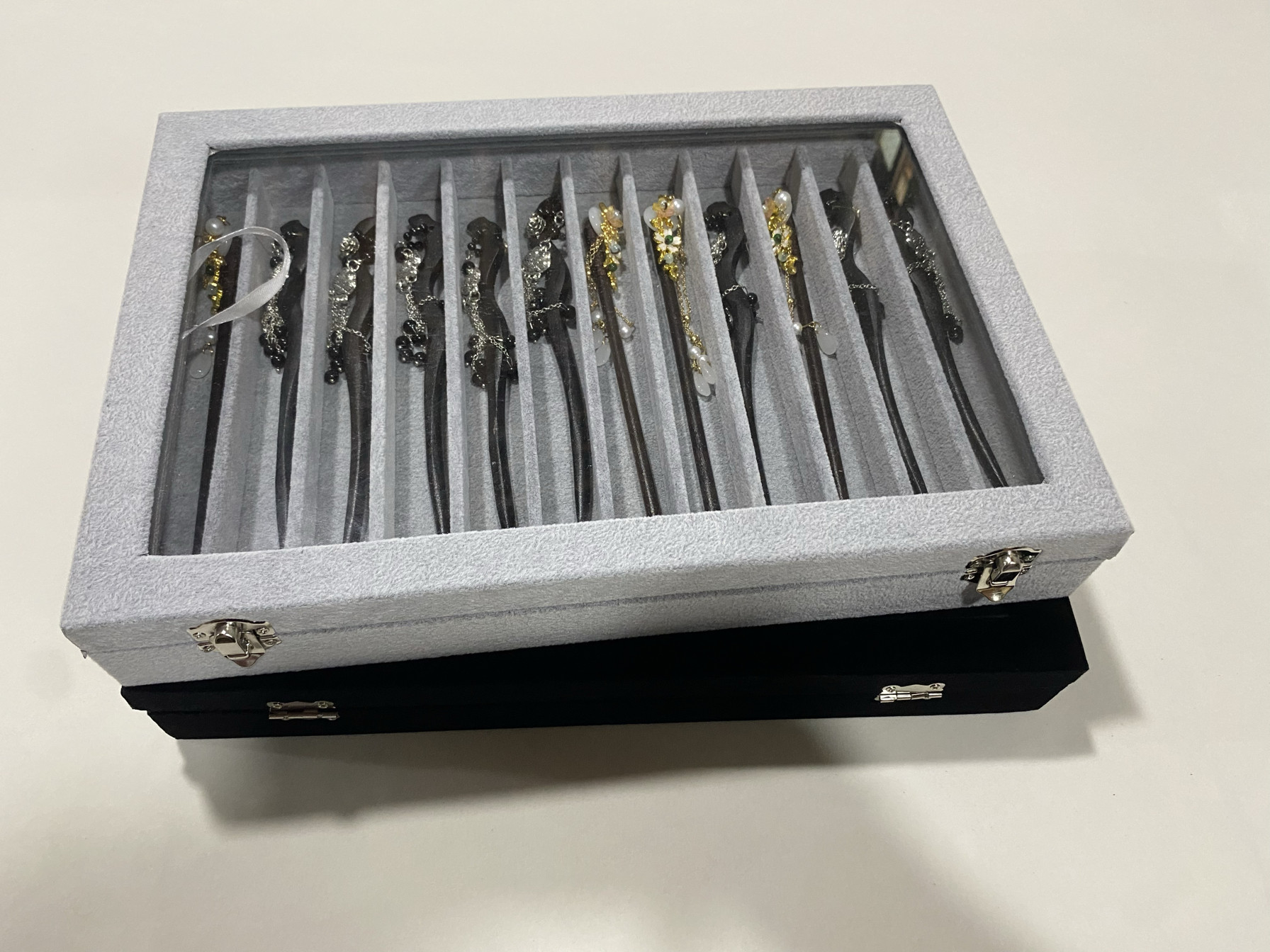 发簪收纳盒首饰防抗氧化透明玻璃盖古风大容量头钗发饰展示收纳盒