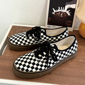 百搭学院系带新帆布鞋 潮流韩版 时尚 焦糖棋盘格子低帮透气男女同款