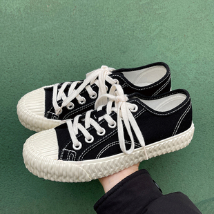 休闲潮学生系带透气港风百搭纯色帆布鞋 黑色低帮情侣时尚 男女同款