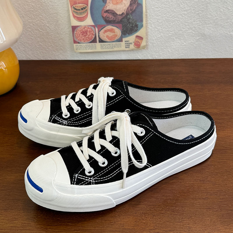 黑色开口笑时尚潮流款半拖帆布鞋