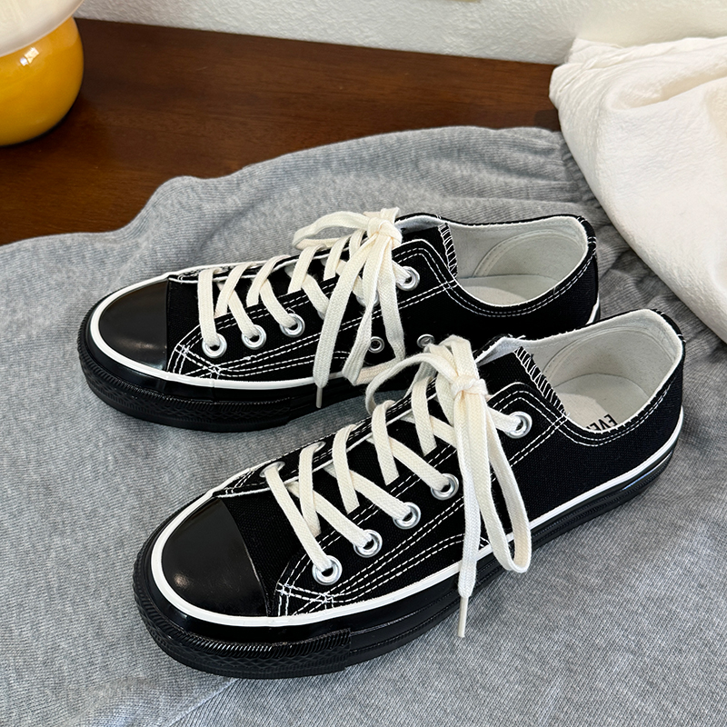 全黑色低帮男女同款休闲情侣款学院春季新款复古款百搭透气帆布鞋,流行男鞋,帆布鞋,淘宝优惠券,粉丝福利购,淘宝优惠卷