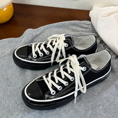 休闲情侣款 百搭透气帆布鞋 学院春季 复古款 新款 全黑色低帮男女同款