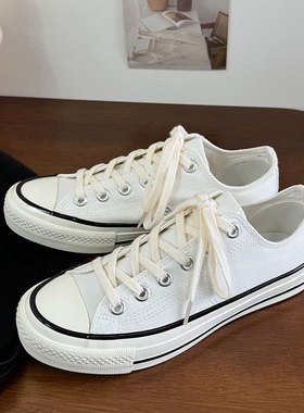 白黑色低帮男女同款情侣百搭休闲平底透气港风春季复古新款帆布鞋