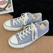 学院系带百搭休闲平底透气复古帆布鞋 天空蓝低帮时尚 青春潮流韩版